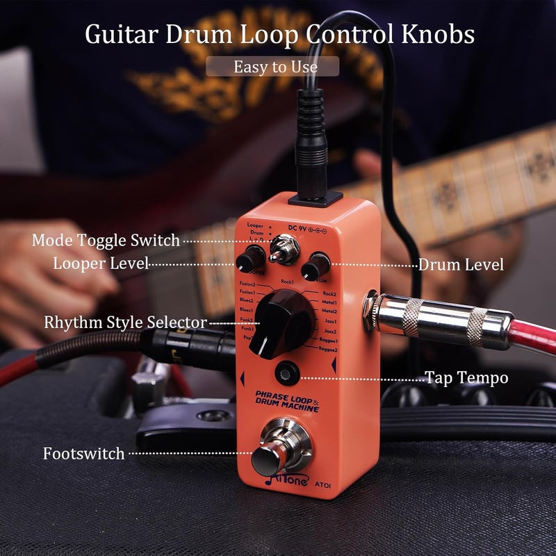 AITONE Looper Pedal with Drum Machine 2 in 1 Loop Pedals for Electric Guitar 20 Minutes Looping 16 Drum Grooves 3 Mode True-Bypass (AT-01) - Image 5